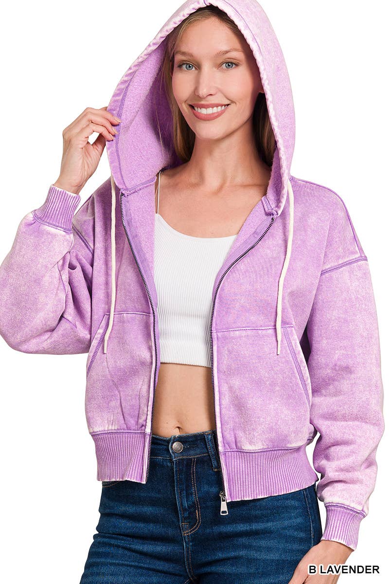 `Acid Wash Fleece Cropped Zip Up Hoodie - Zenana