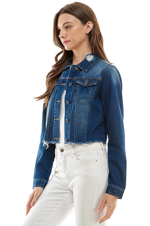 Ladies'  Cropcut Denim Jacket with Distressed, JK-4010
