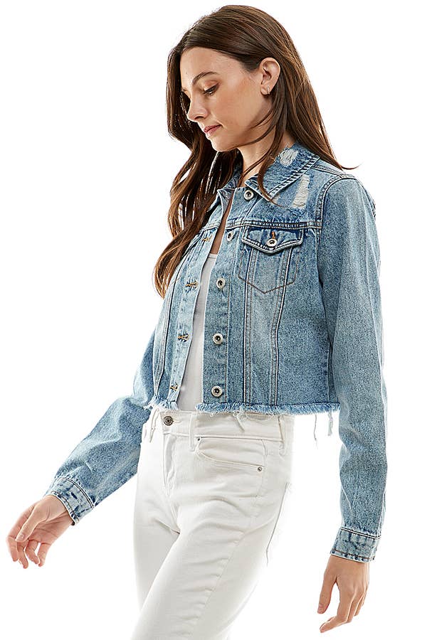 Ladies'  Cropcut Denim Jacket with Distressed, JK-4010
