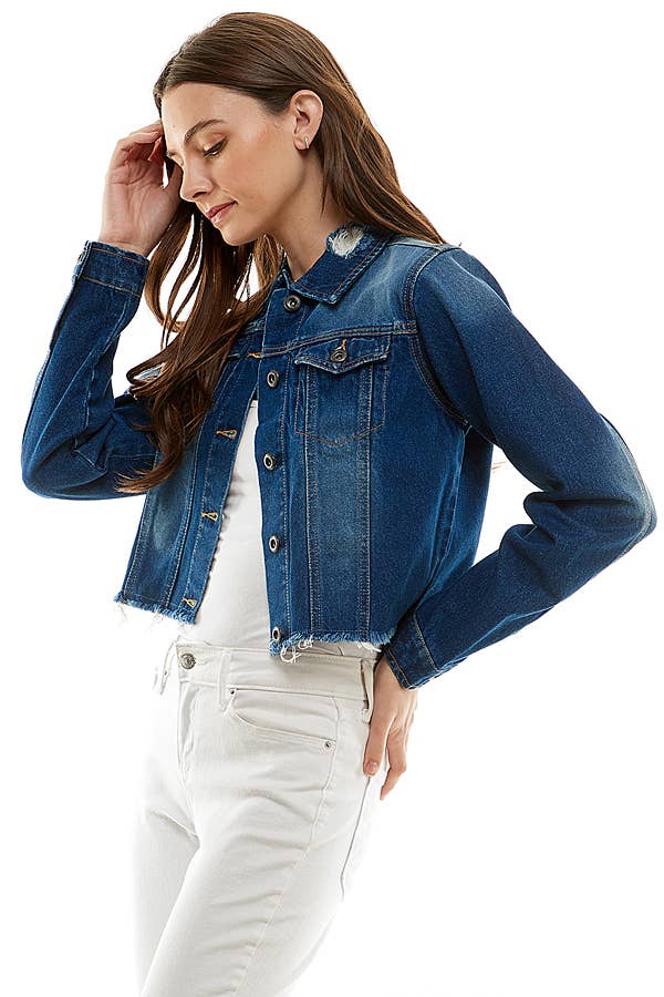 Ladies'  Cropcut Denim Jacket with Distressed, JK-4010