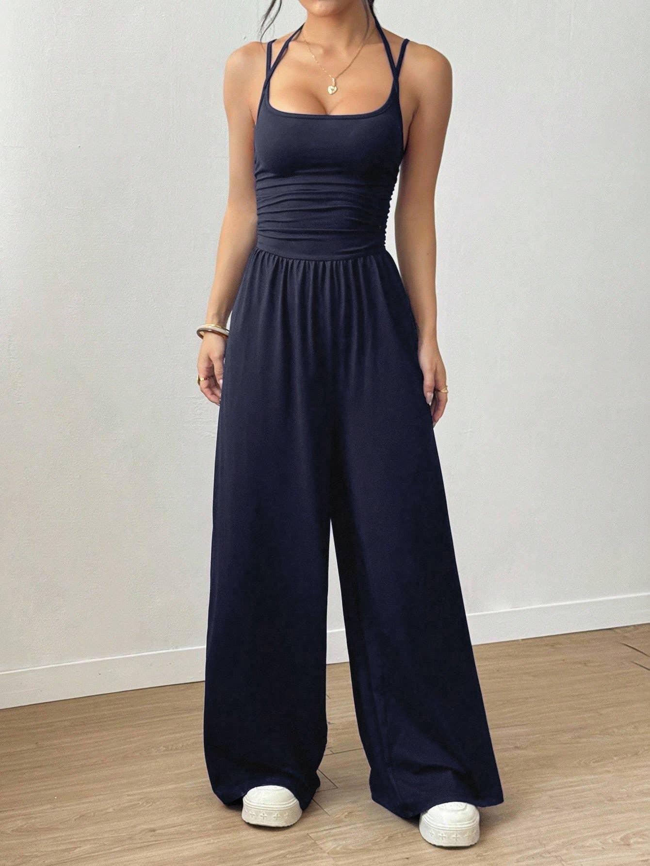 Casual wrap chest wide leg loose jumpsuit