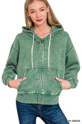 Acid Wash Fleece Cropped Zip Up Hoodie - Zenana