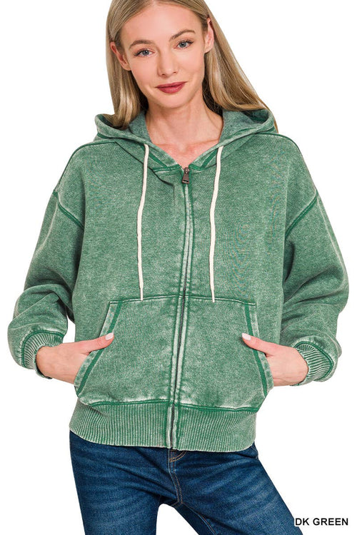 Acid Wash Fleece Cropped Zip Up Hoodie - Zenana