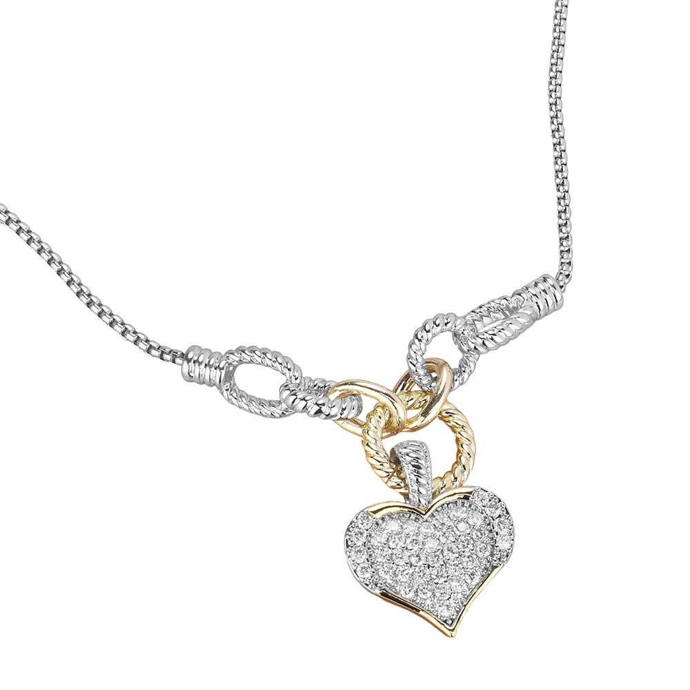 14K Gold Plated Two Tone CZ Stone Paved Heart Necklace