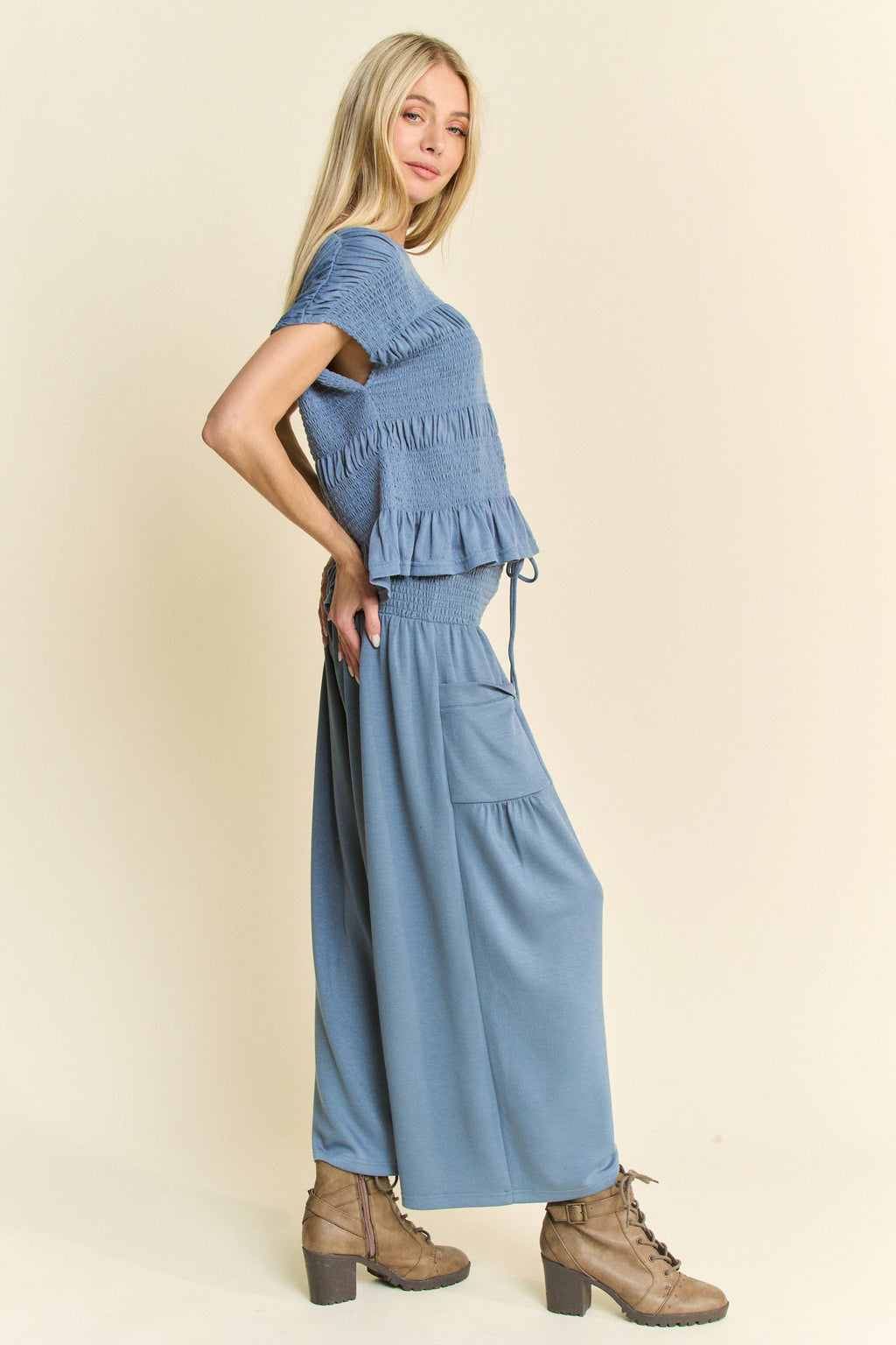 DETP40227-UFFLE CAP SLEEVE TOP AND WAISTBAND PANTS SET