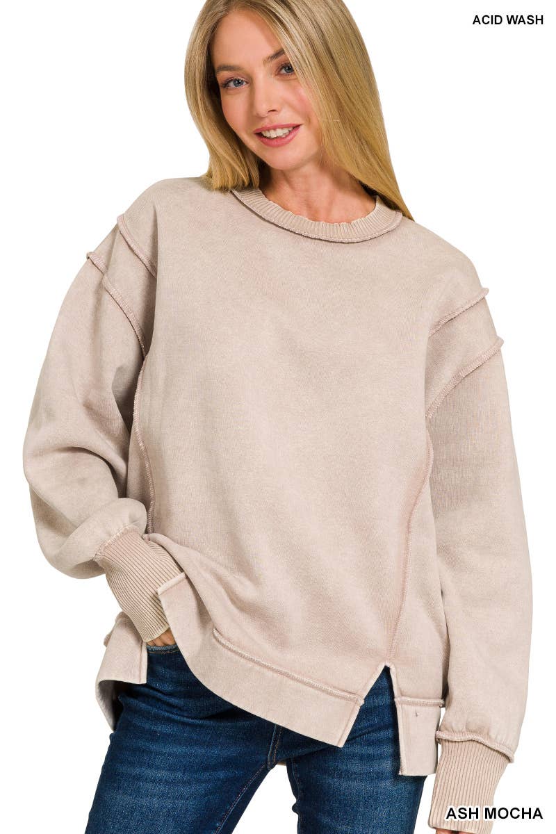 `Washed Slit hem Fleece Sweatshirt SI-26719 Zenana