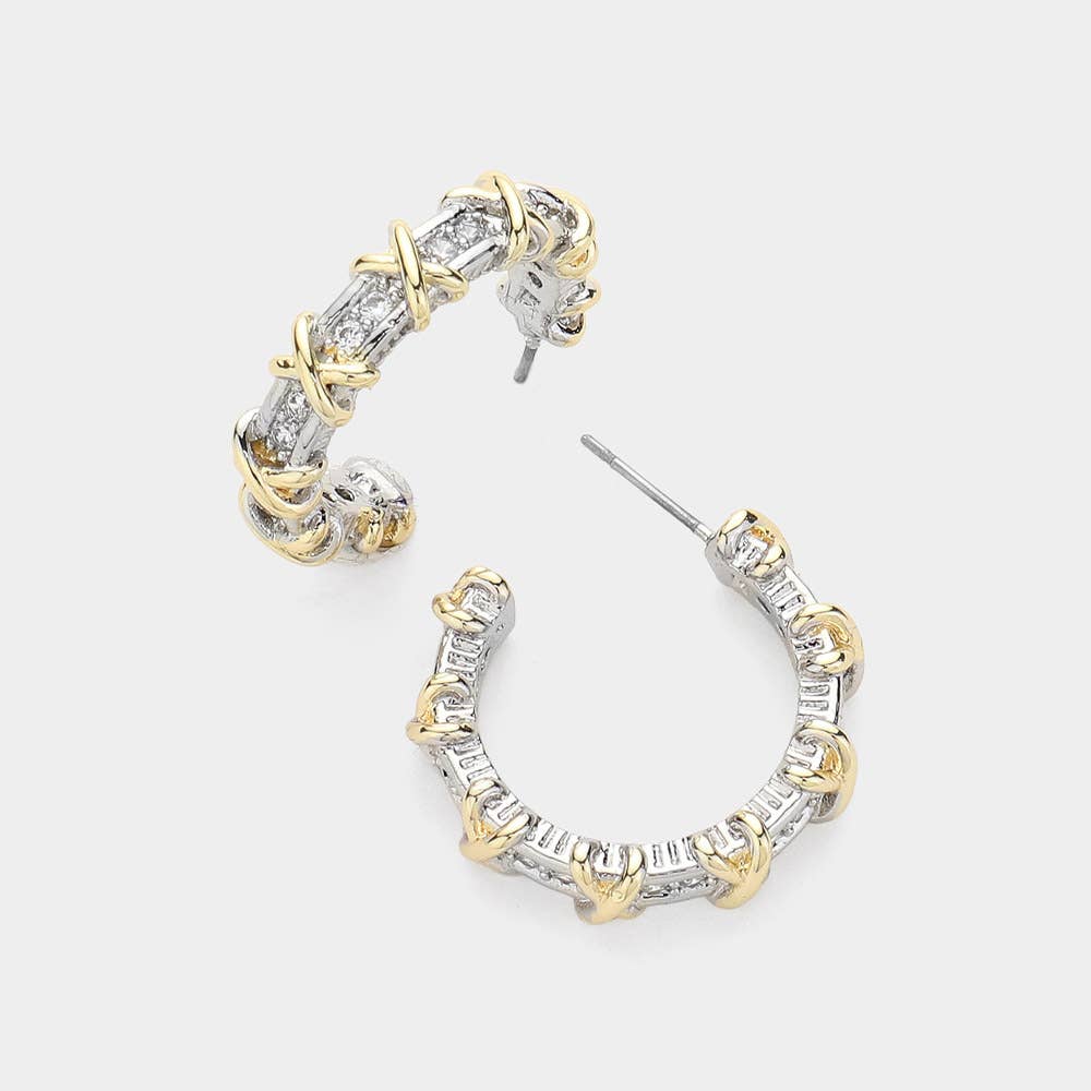 14K Gold Plated CZ Embellished Crisscross Hoop Earrings