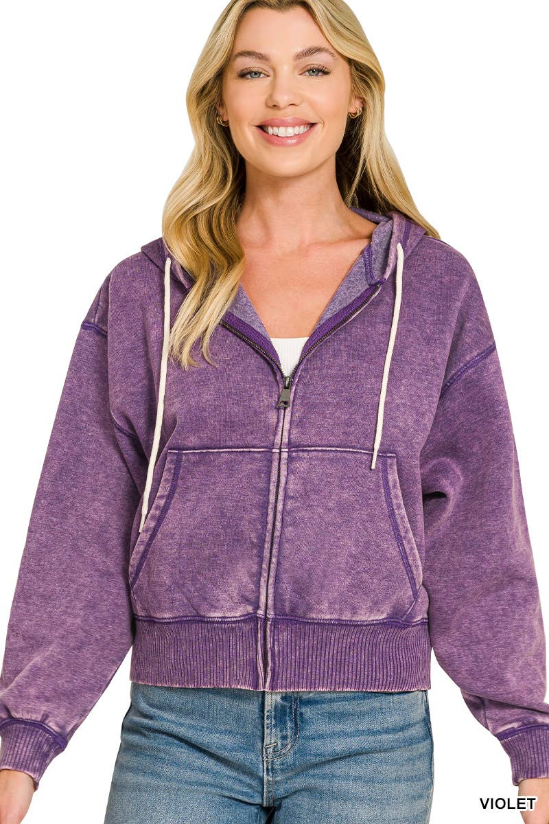 Acid Wash Fleece Cropped Zip Up Hoodie - Zenana