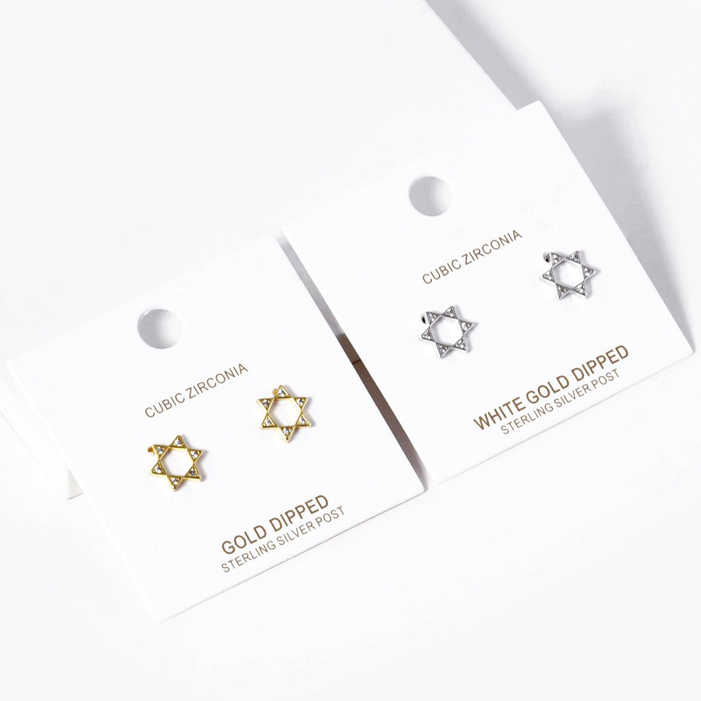 Gold Dipped CZ Stone Pointed Star Of David Stud Earrings