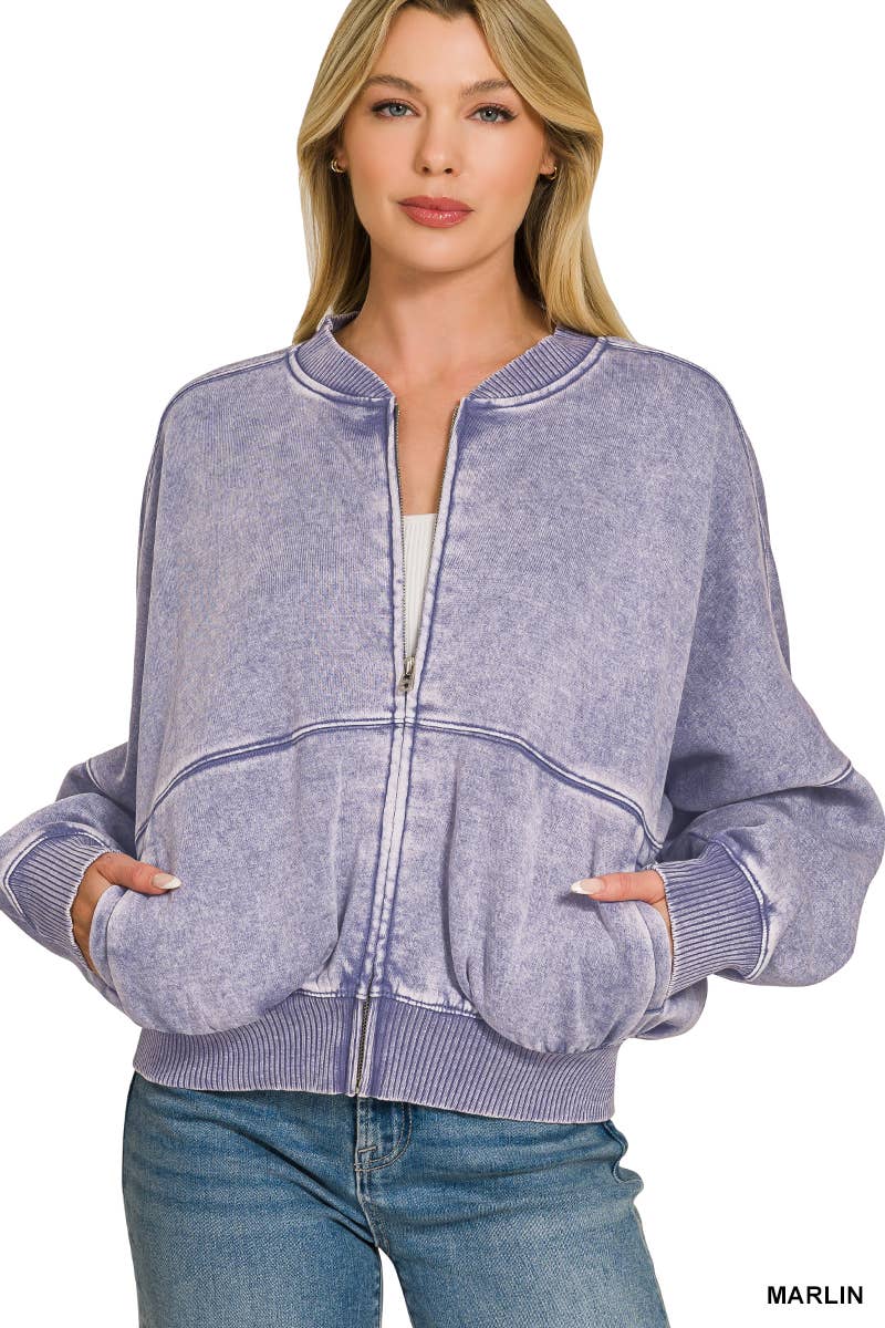 Washed Fleece Bomber Jacket Zenana