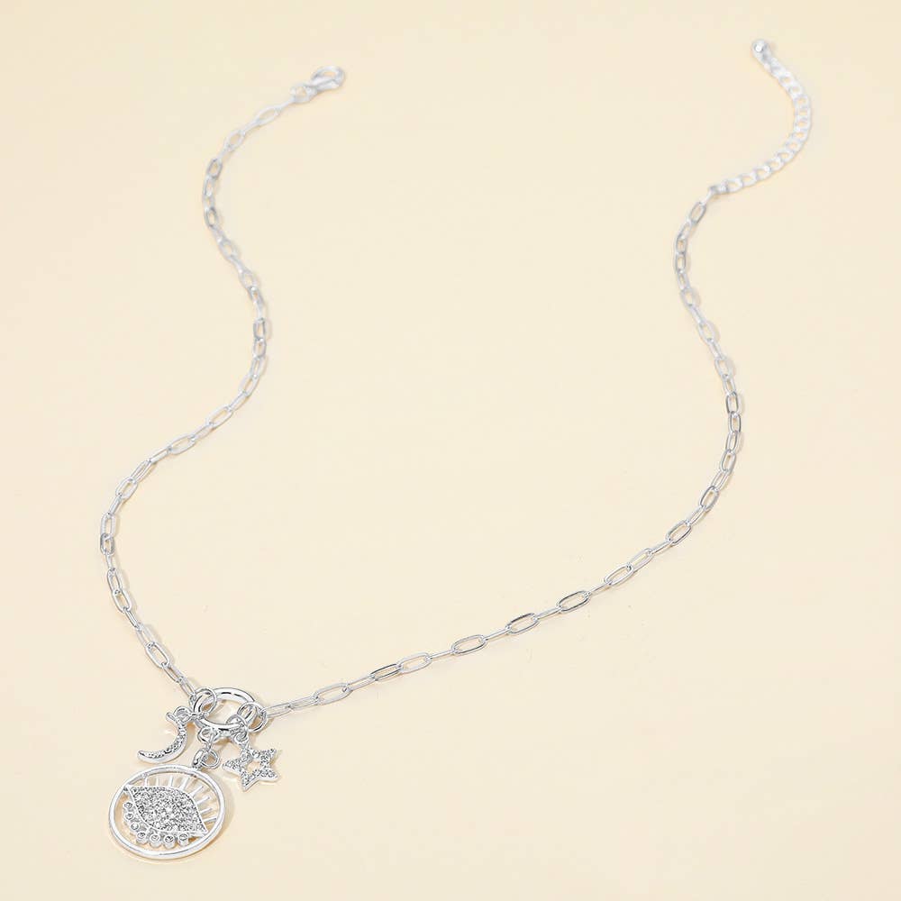 Stone Paved Moon and Star Evil Eye Celestial Charm Pendant Necklace