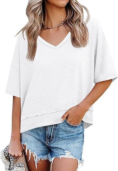 Oversized V Neck Tee Cotton Blend Loose Casual Top