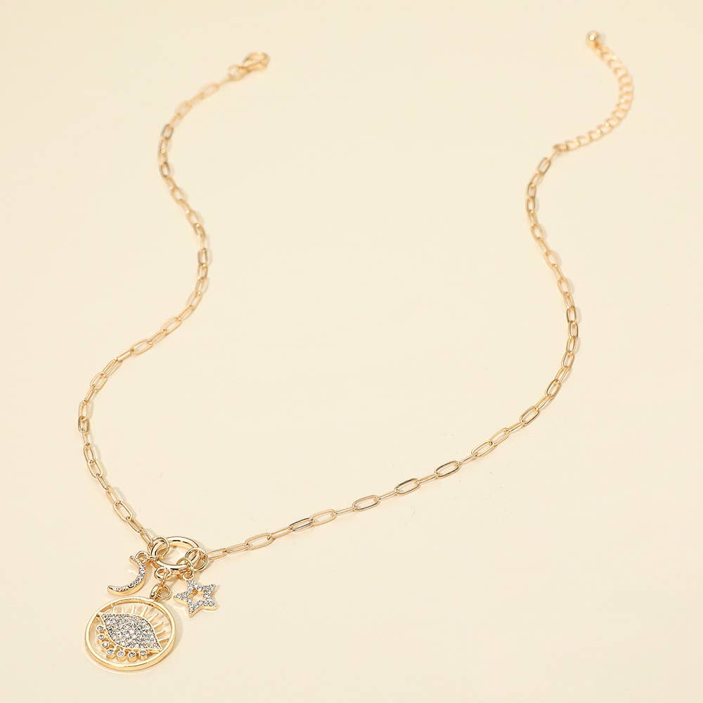 Stone Paved Moon and Star Evil Eye Celestial Charm Pendant Necklace