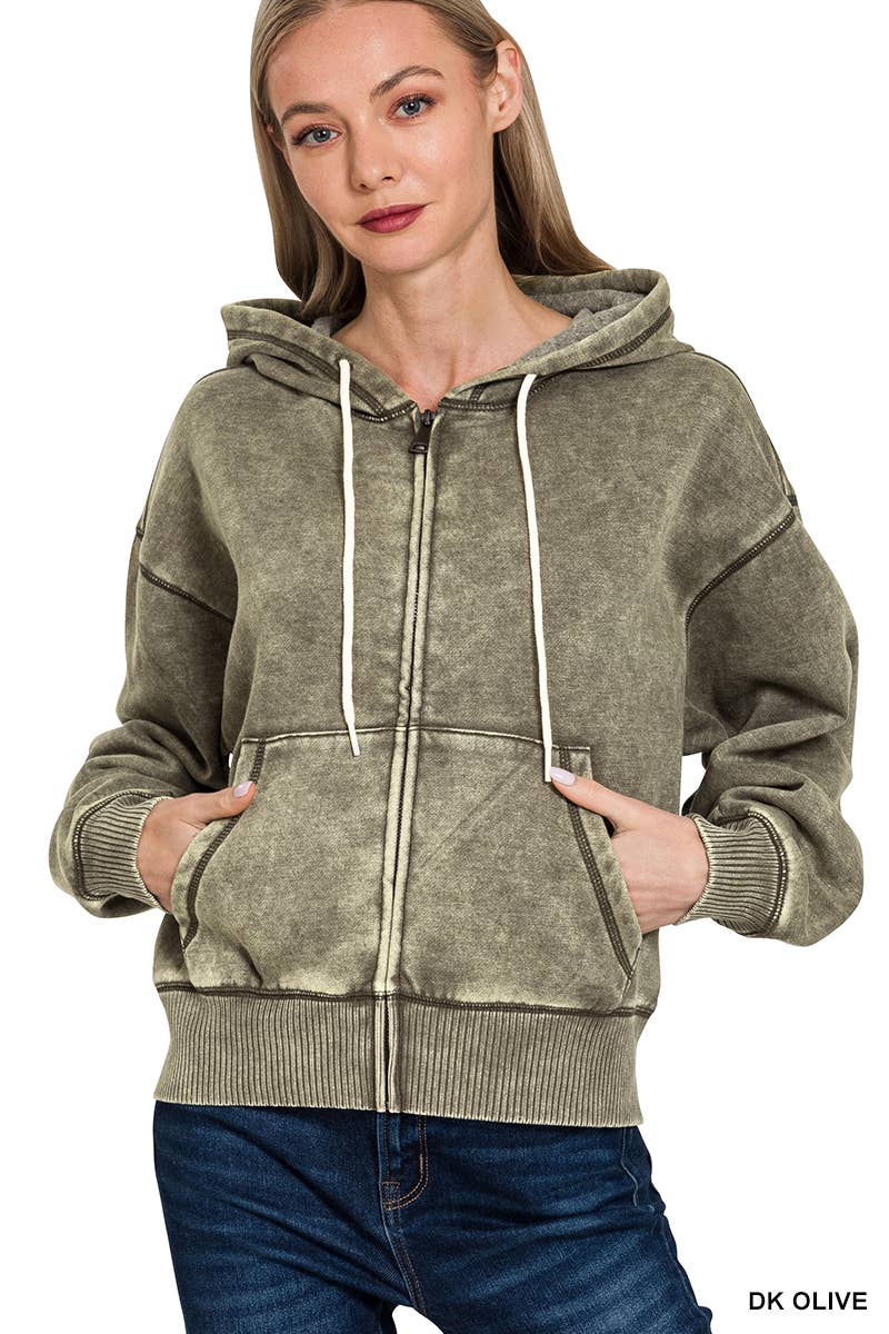 `Acid Wash Fleece Cropped Zip Up Hoodie - Zenana
