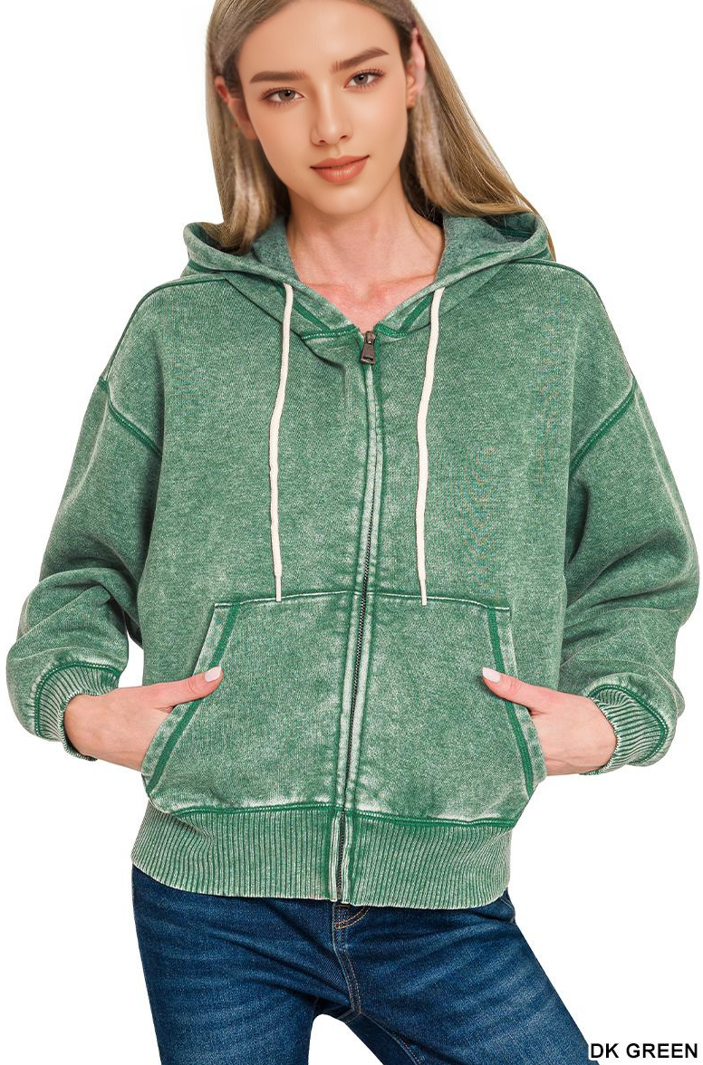`Acid Wash Fleece Cropped Zip Up Hoodie - Zenana