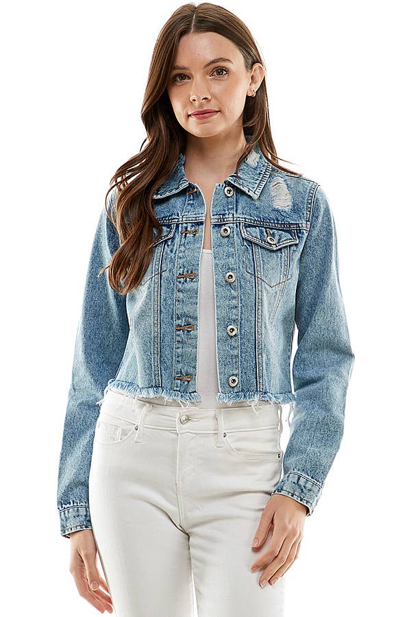 Ladies'  Cropcut Denim Jacket with Distressed, JK-4010