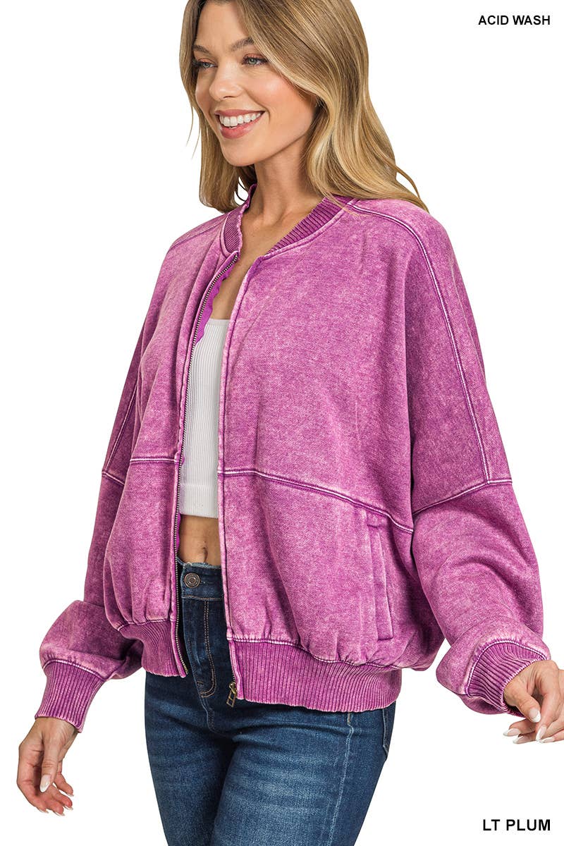 Washed Fleece Bomber Jacket Zenana