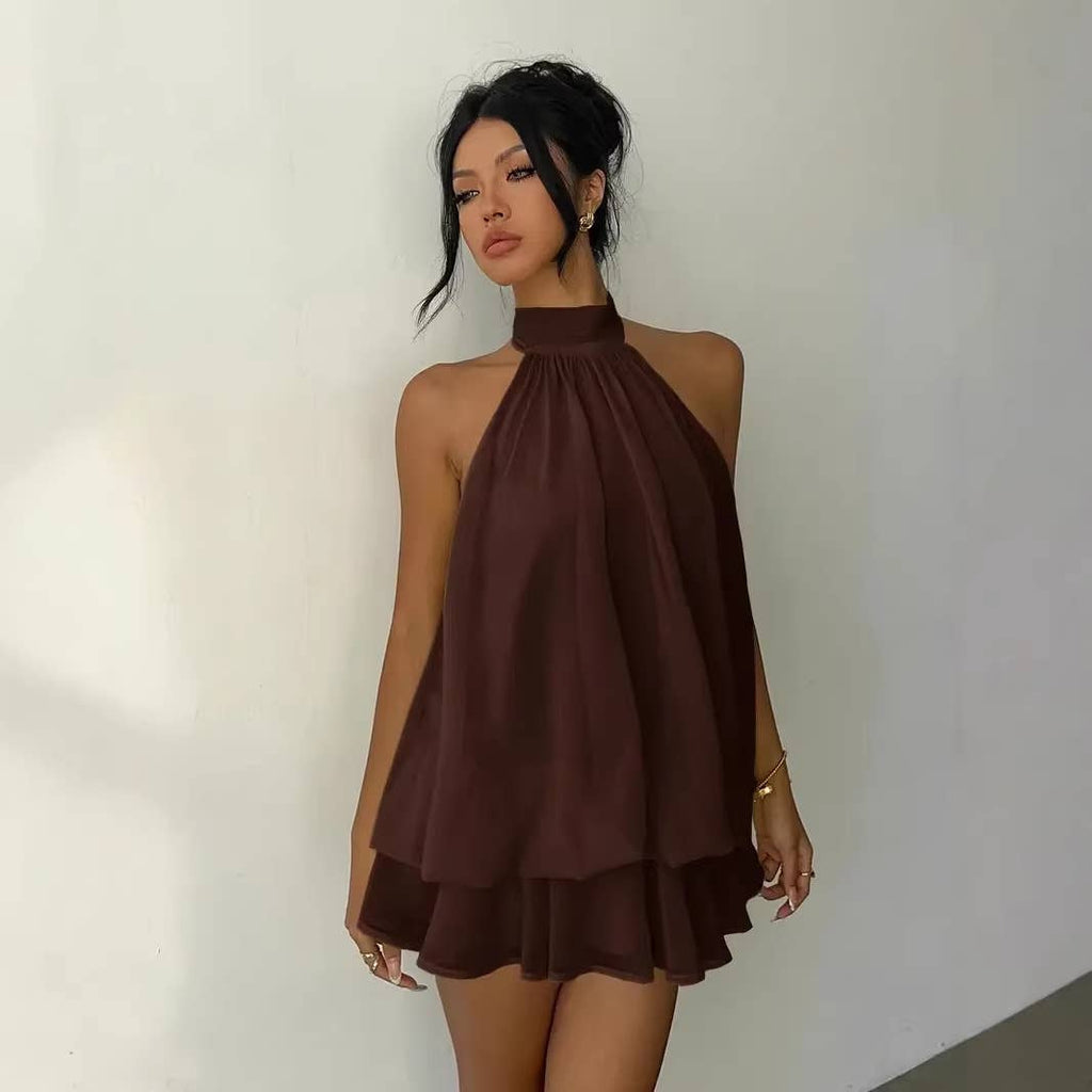 Sexy backless neck-baring puff-sleeved dress