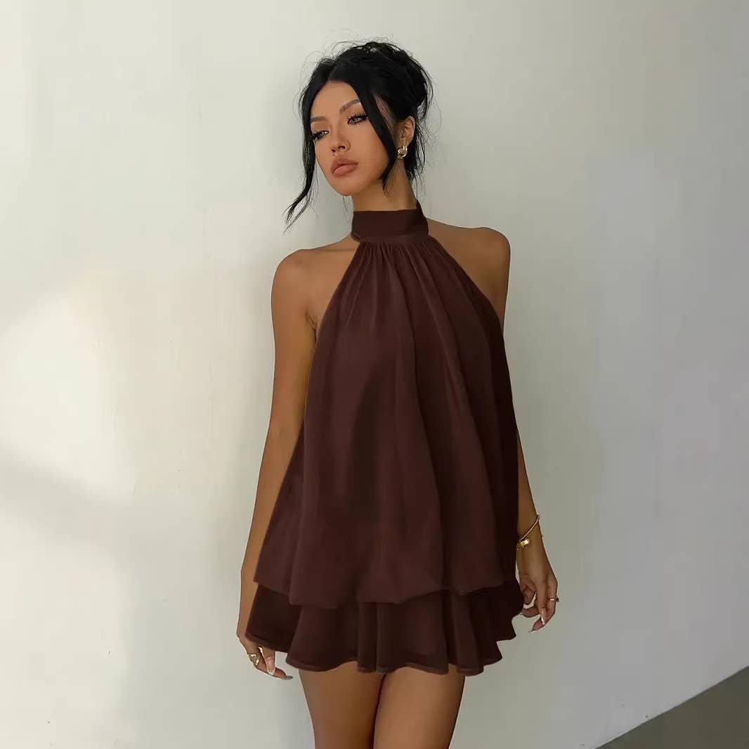 Sexy backless neck-baring puff-sleeved dress