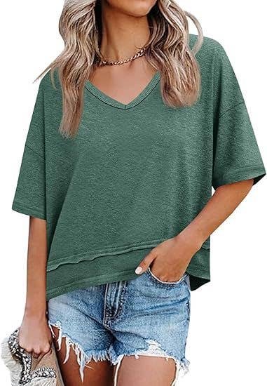 Oversized V Neck Tee Cotton Blend Loose Casual Top
