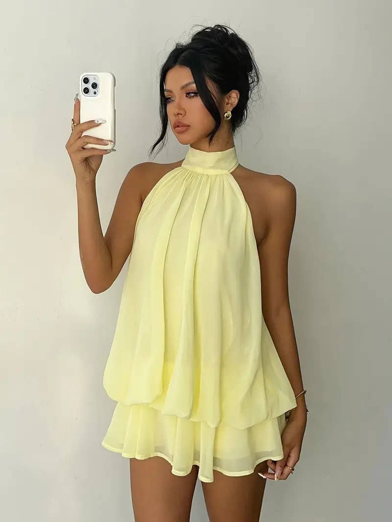 Sexy backless neck-baring puff-sleeved dress