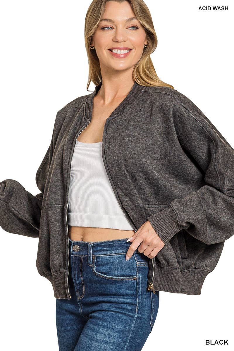 Washed Fleece Bomber Jacket Zenana