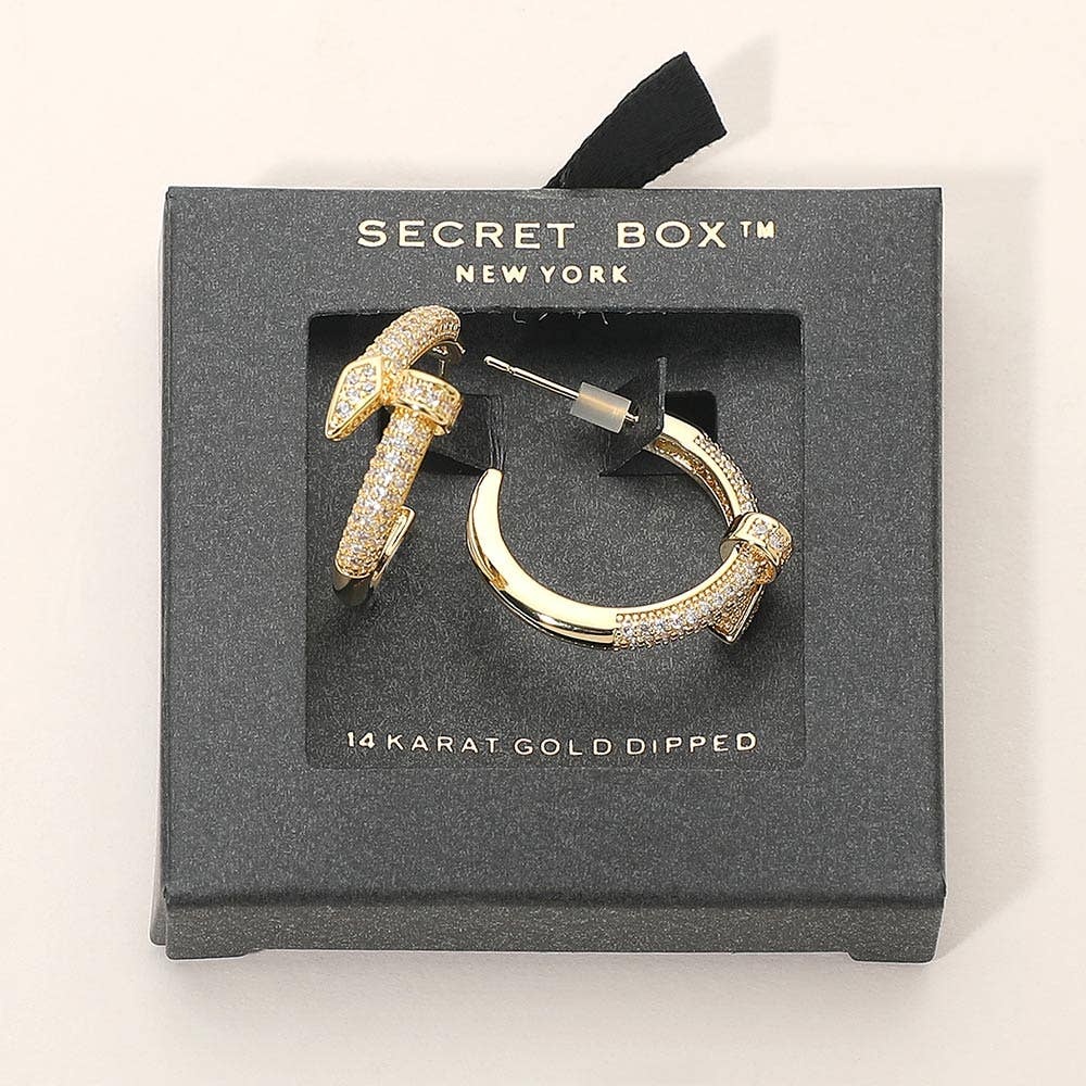 SECRET BOX_14k Gold Dipped Rhinestone Paved Nail Hoop Earrings