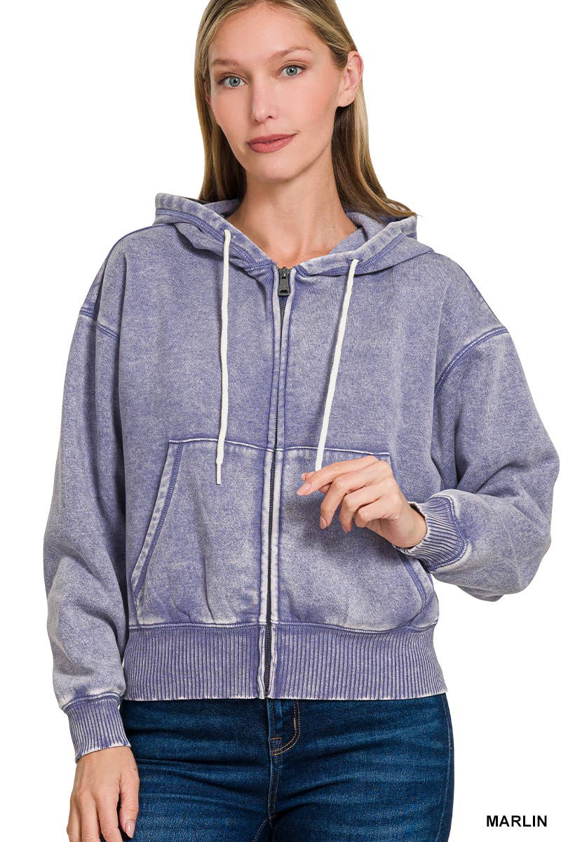 `Acid Wash Fleece Cropped Zip Up Hoodie - Zenana