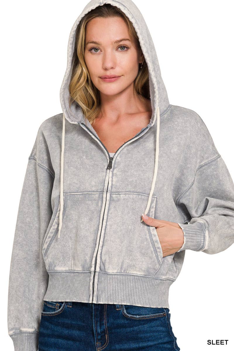 `Acid Wash Fleece Cropped Zip Up Hoodie - Zenana