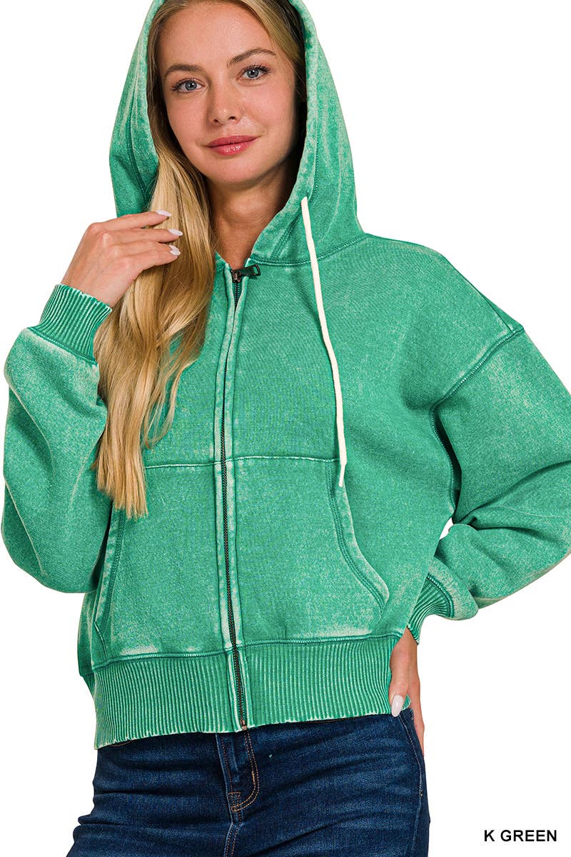 `Acid Wash Fleece Cropped Zip Up Hoodie - Zenana