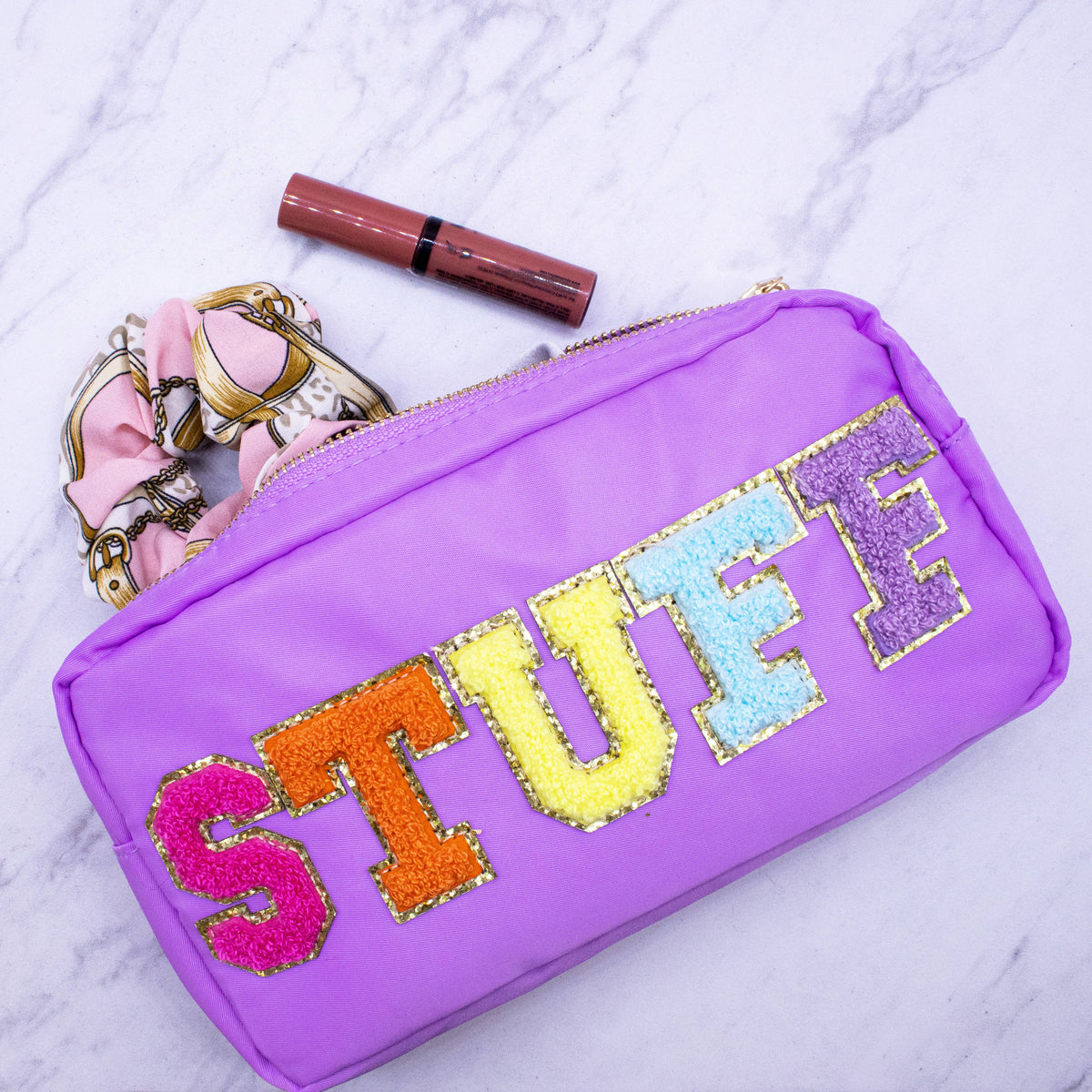 Preppy Nylon Chenille Letter Bag Travel Makeup Pouch - STUFF