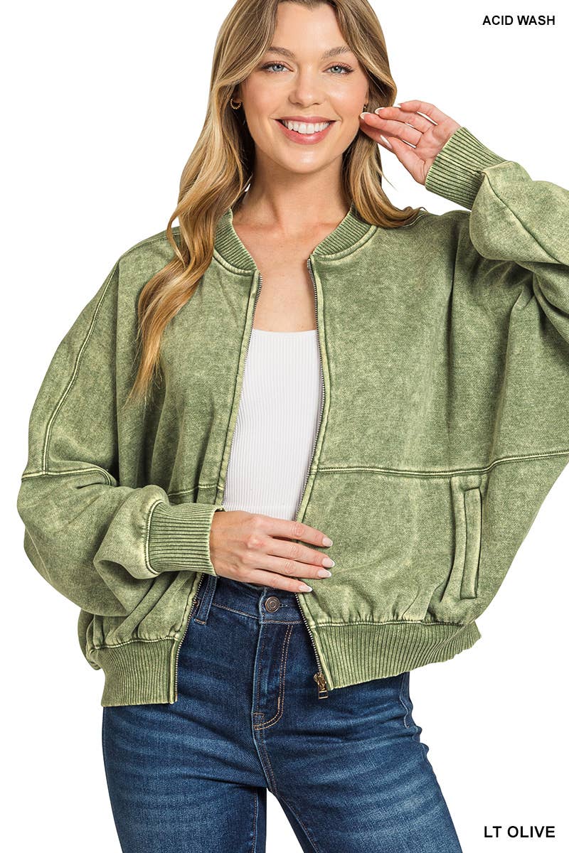 Washed Fleece Bomber Jacket Zenana