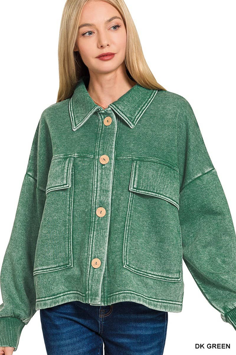 Acid Washed Fleece Front Pocket Cropped Shacket