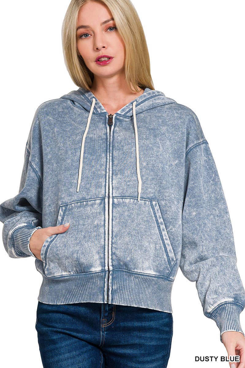 Acid Wash Fleece Cropped Zip Up Hoodie - Zenana