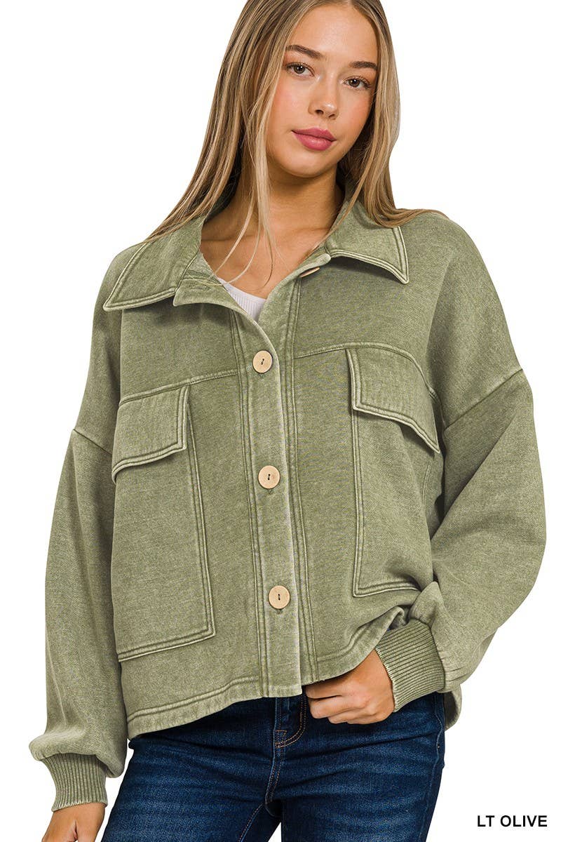 Acid Washed Fleece Front Pocket Cropped Shacket
