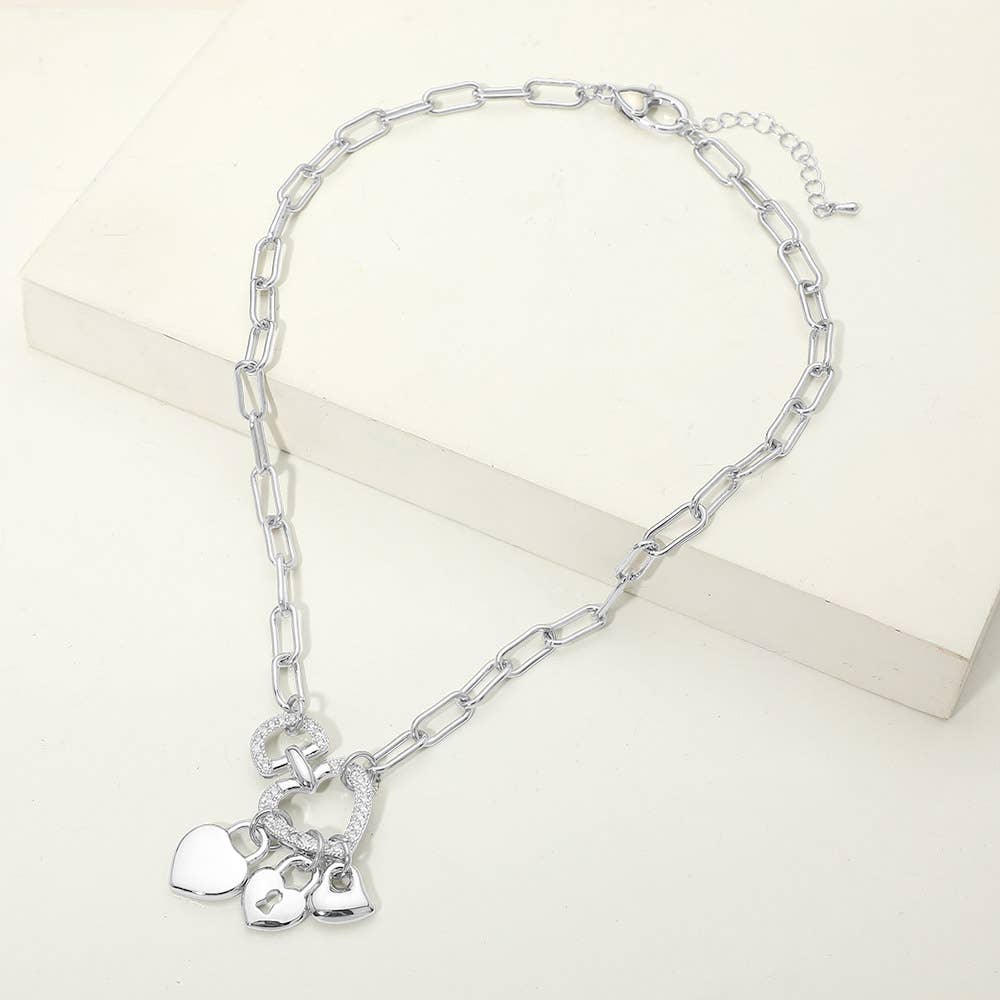 14K Gold Plated CZ Pave Heart Ring Triple Padlock Charm Pendant Paperclip Chain Necklace