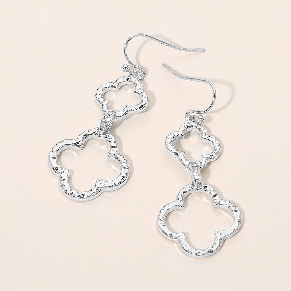 Textured Metal Open Quatrefoil Stone Pave Link Drop Earrings