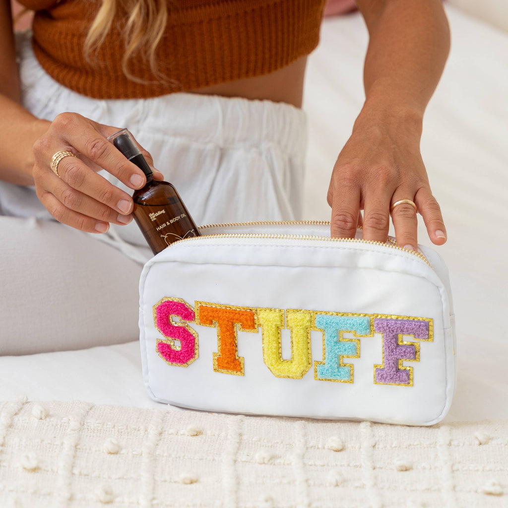 Preppy Nylon Chenille Letter Travel Makeup Pouch - STUFF