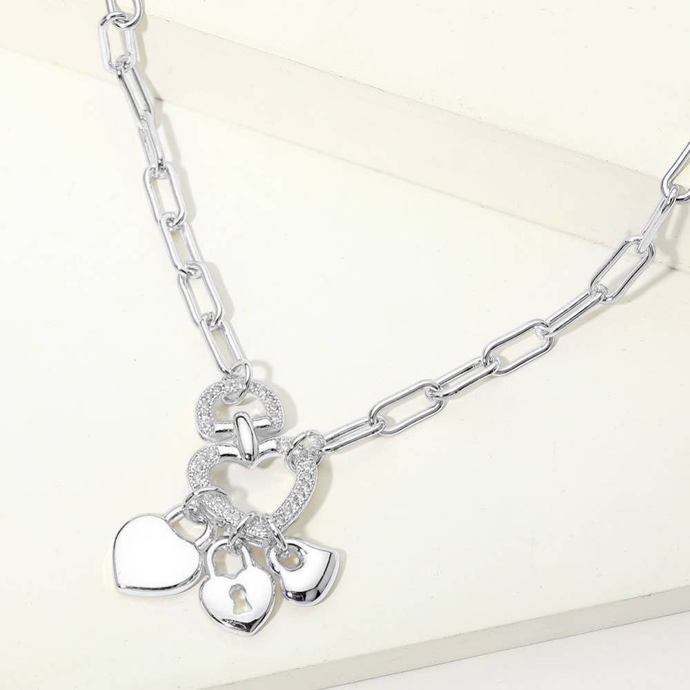 14K Gold Plated CZ Pave Heart Ring Triple Padlock Charm Pendant Paperclip Chain Necklace
