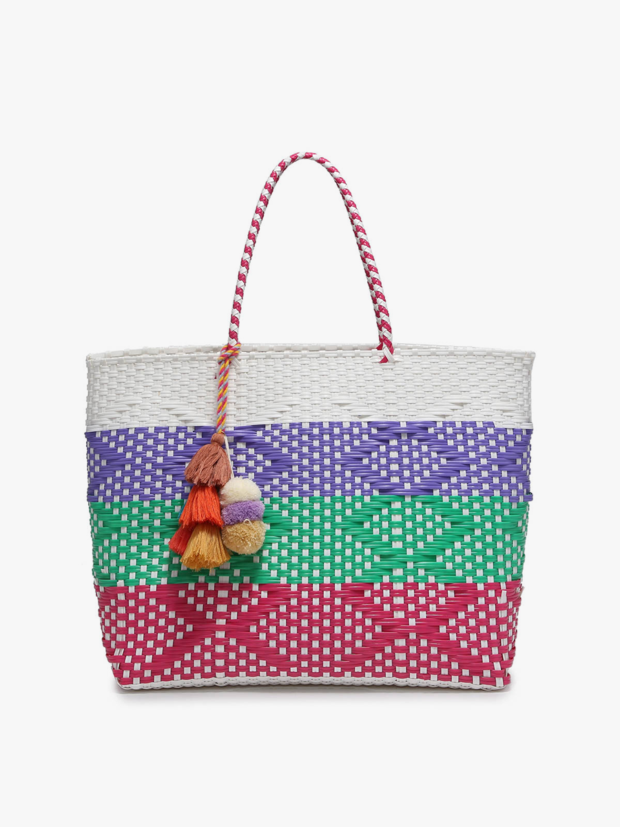 M2069 Allie XL Woven Tote w/ Pom-Poms