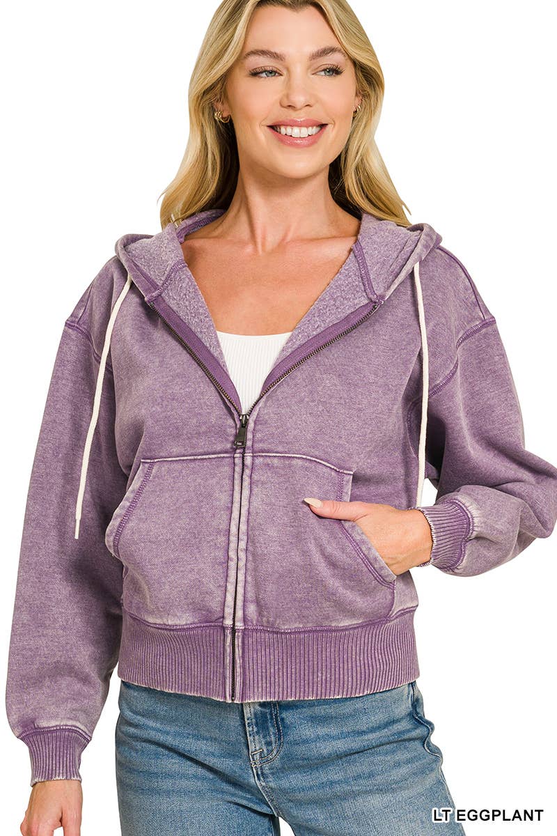 Acid Wash Fleece Cropped Zip Up Hoodie - Zenana