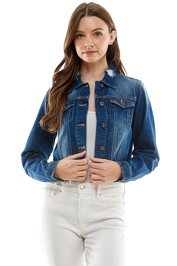 Ladies'  Cropcut Denim Jacket with Distressed, JK-4010