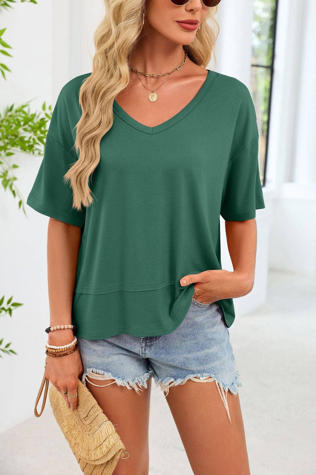 Oversized V Neck Tee Cotton Blend Loose Casual Top