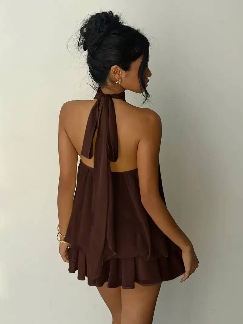 Sexy backless neck-baring puff-sleeved dress