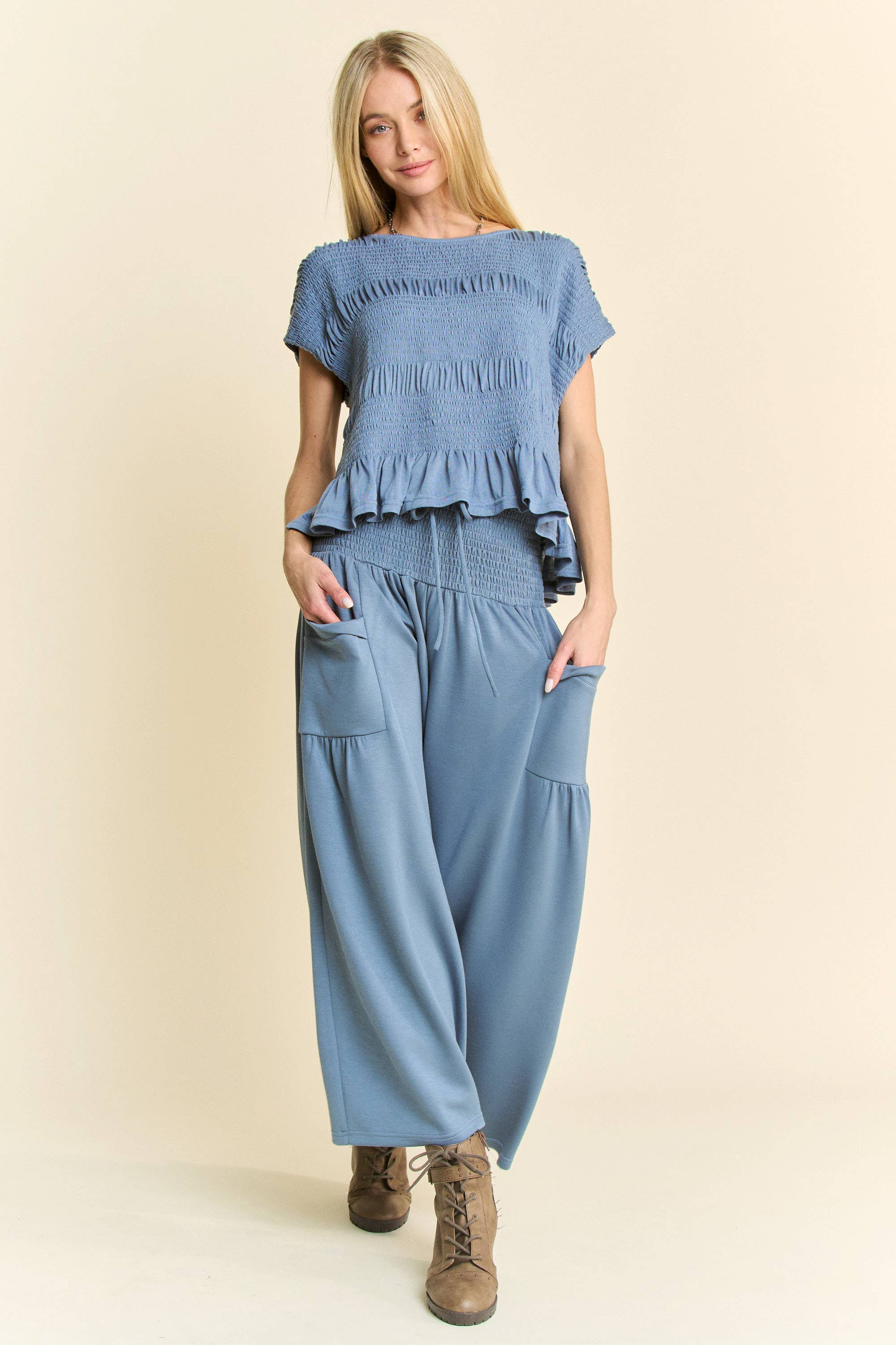 DETP40227-UFFLE CAP SLEEVE TOP AND WAISTBAND PANTS SET