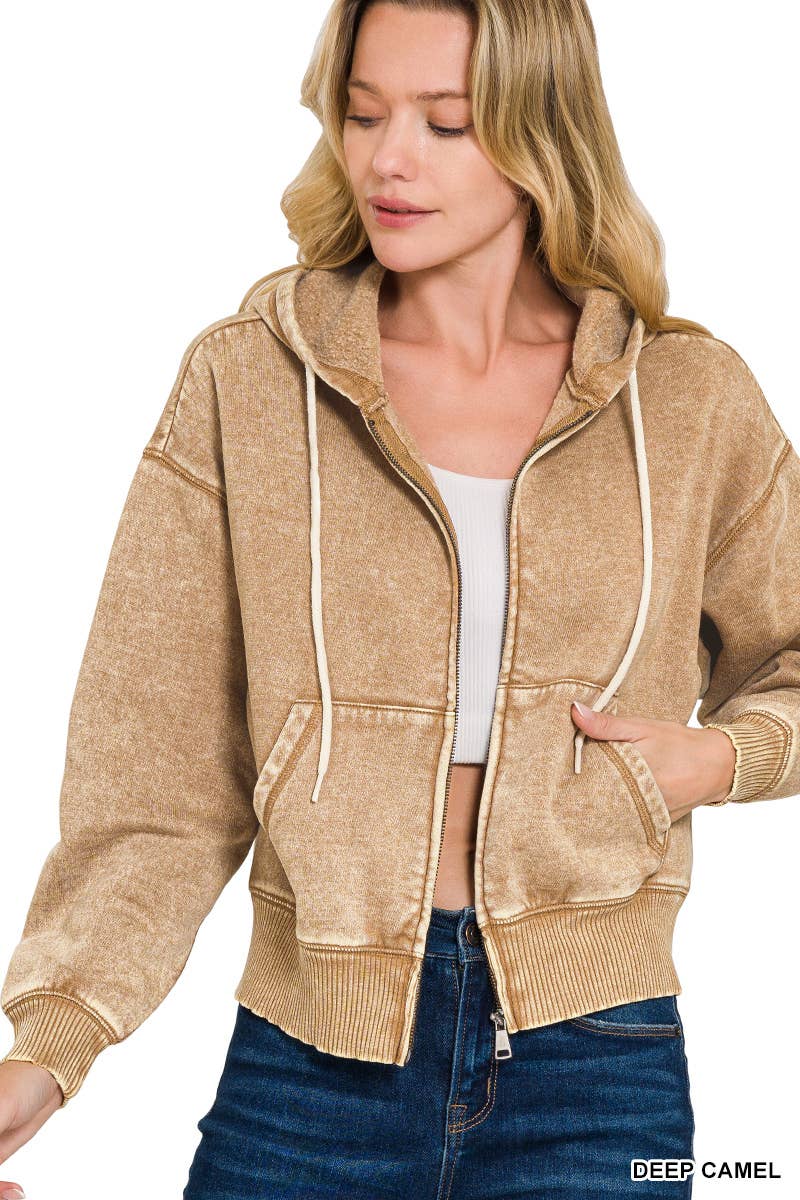 Acid Wash Fleece Cropped Zip Up Hoodie - Zenana