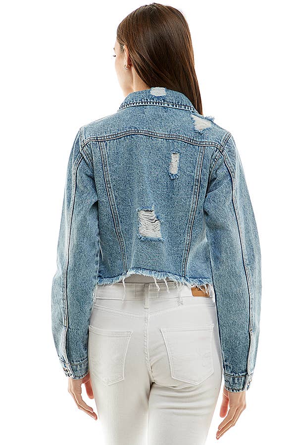 Ladies'  Cropcut Denim Jacket with Distressed, JK-4010