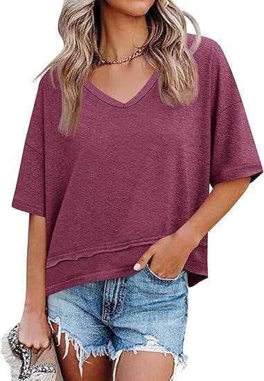 Oversized V Neck Tee Cotton Blend Loose Casual Top