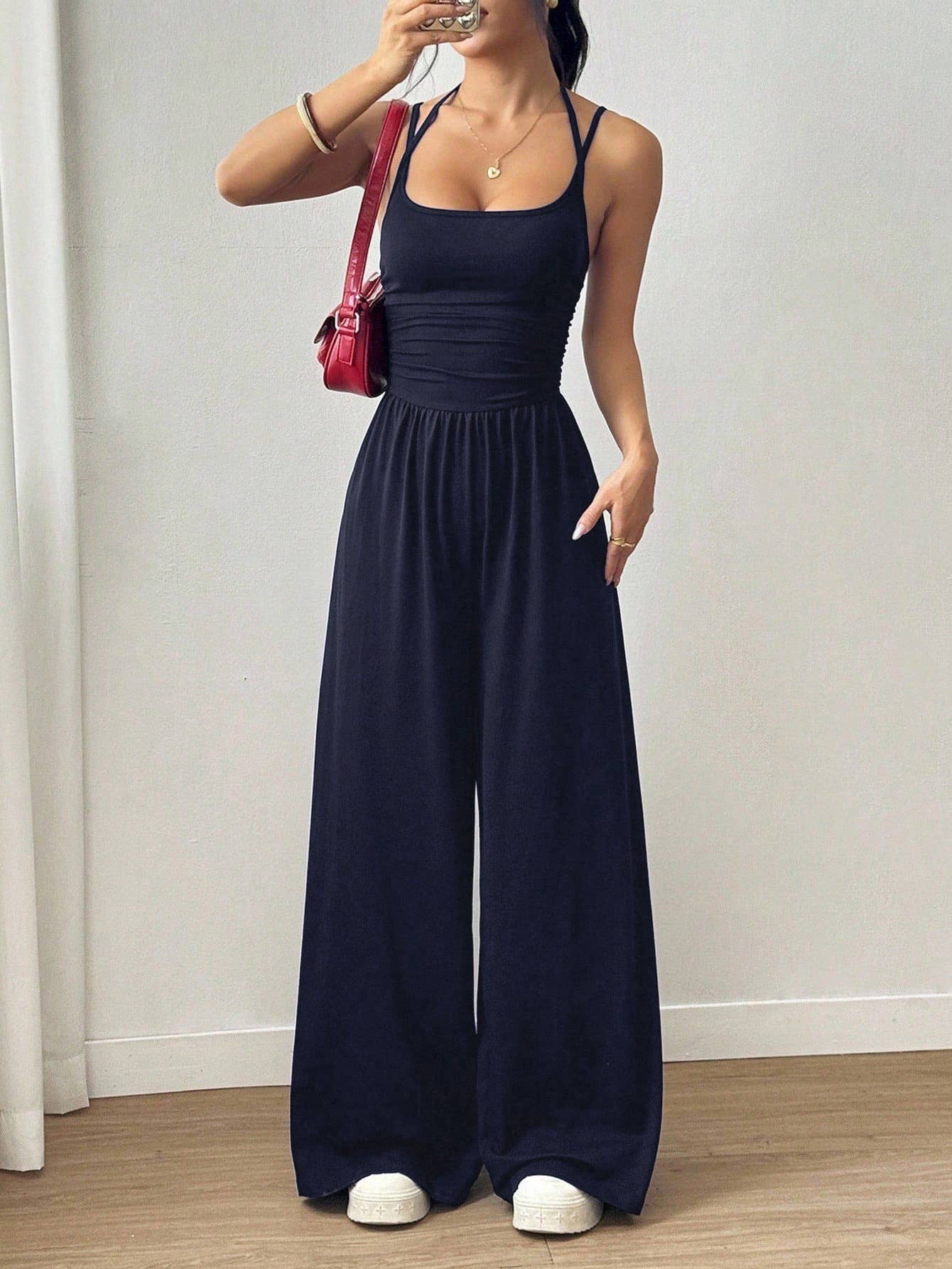 Casual wrap chest wide leg loose jumpsuit