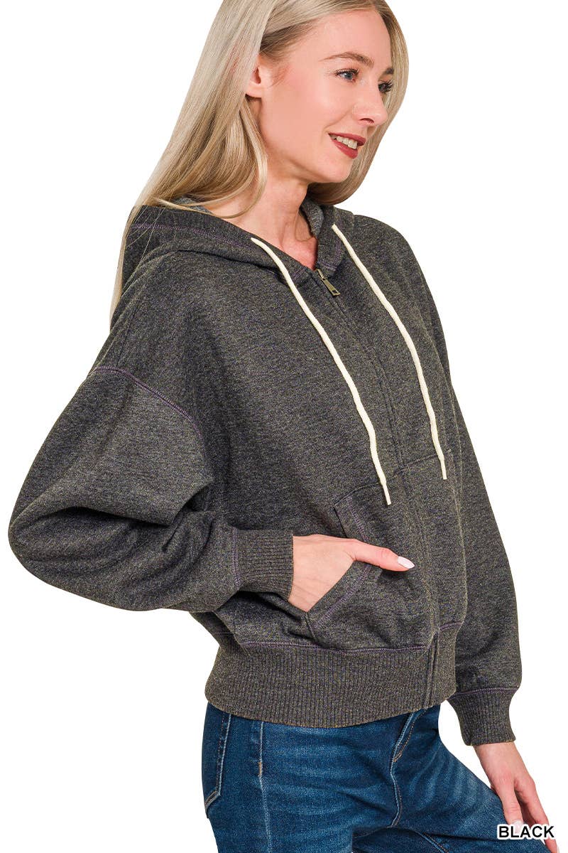 Acid Wash Fleece Cropped Zip Up Hoodie - Zenana